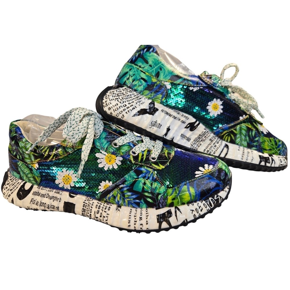 Laura Vita Limited Burton Sneakers Green Floral Sequin Newsprint Womens 38